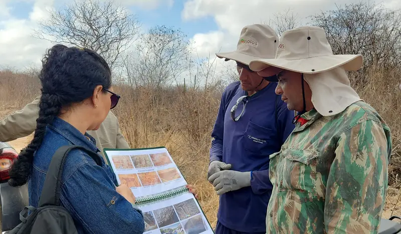 Pesquisador caminhando por trilha de campo em área de caatinga